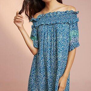 Nat Natalie Martin Pilar Off-Shoulder Swing Dress Casual Blue Green Size Small